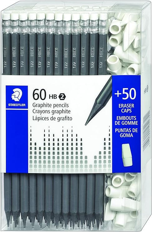 Staedtler Graphite Pencil Pack, 60 HB (#2) Pencils + 50 FREE Eraser Caps