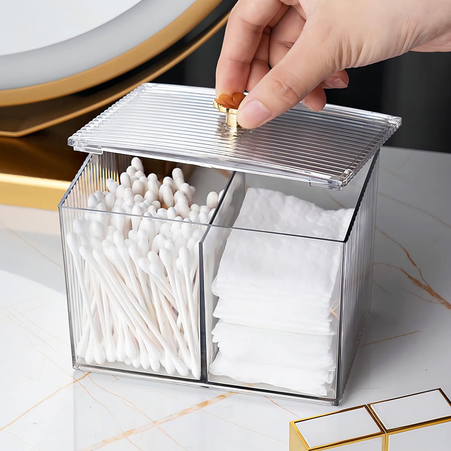 Acrylic cotton swab holder with organizer and transparent cover