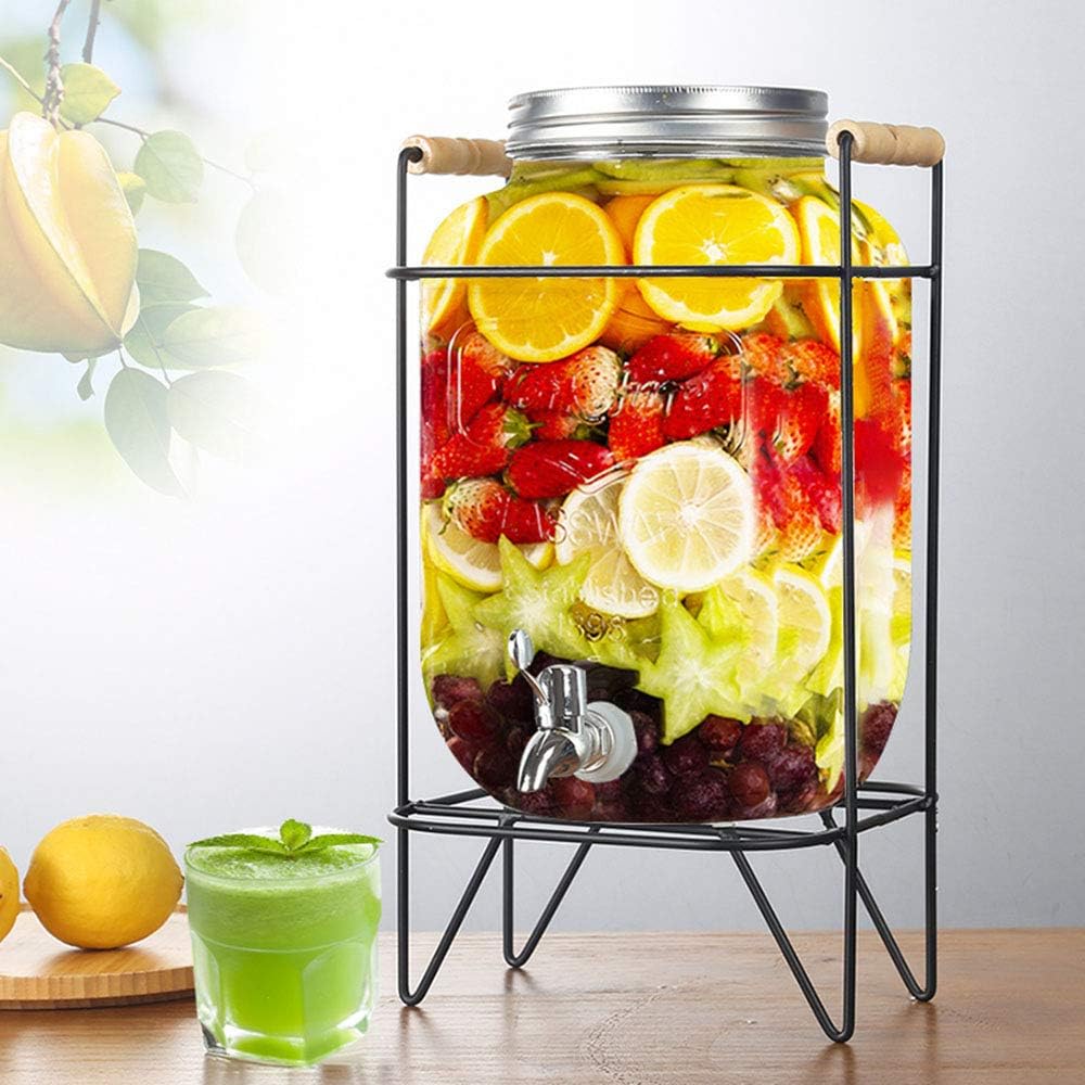 4L Glass Beverage Dispenser with Metal Wire Rack with Wooden Handles
