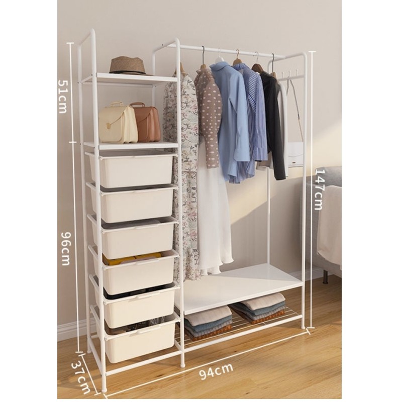 Metal clothes stand with side drawers unit consisting of 6 plastic drawers