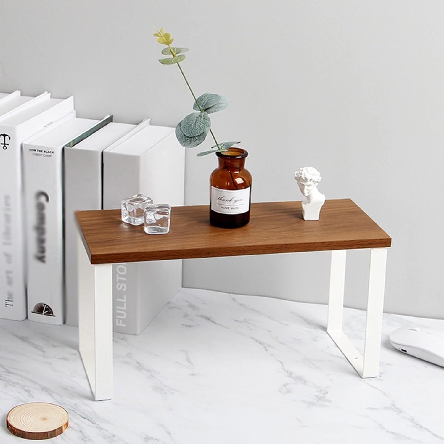 Wooden storage shelf with sturdy bases in brown and white