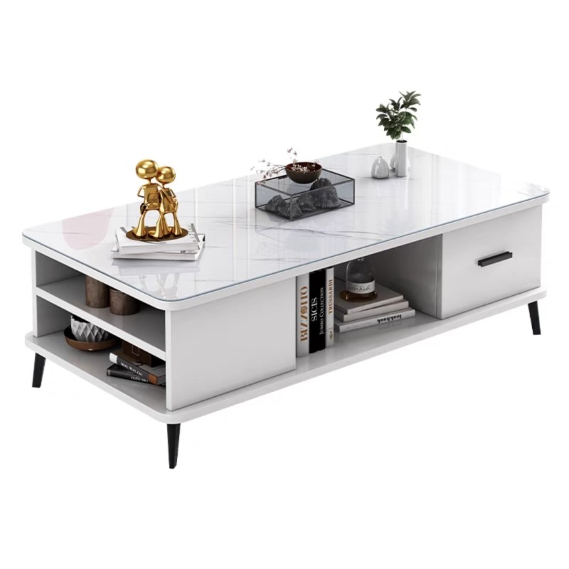 Luxurious marble wooden center table with a glass front, shelves and a lower cabinet in white