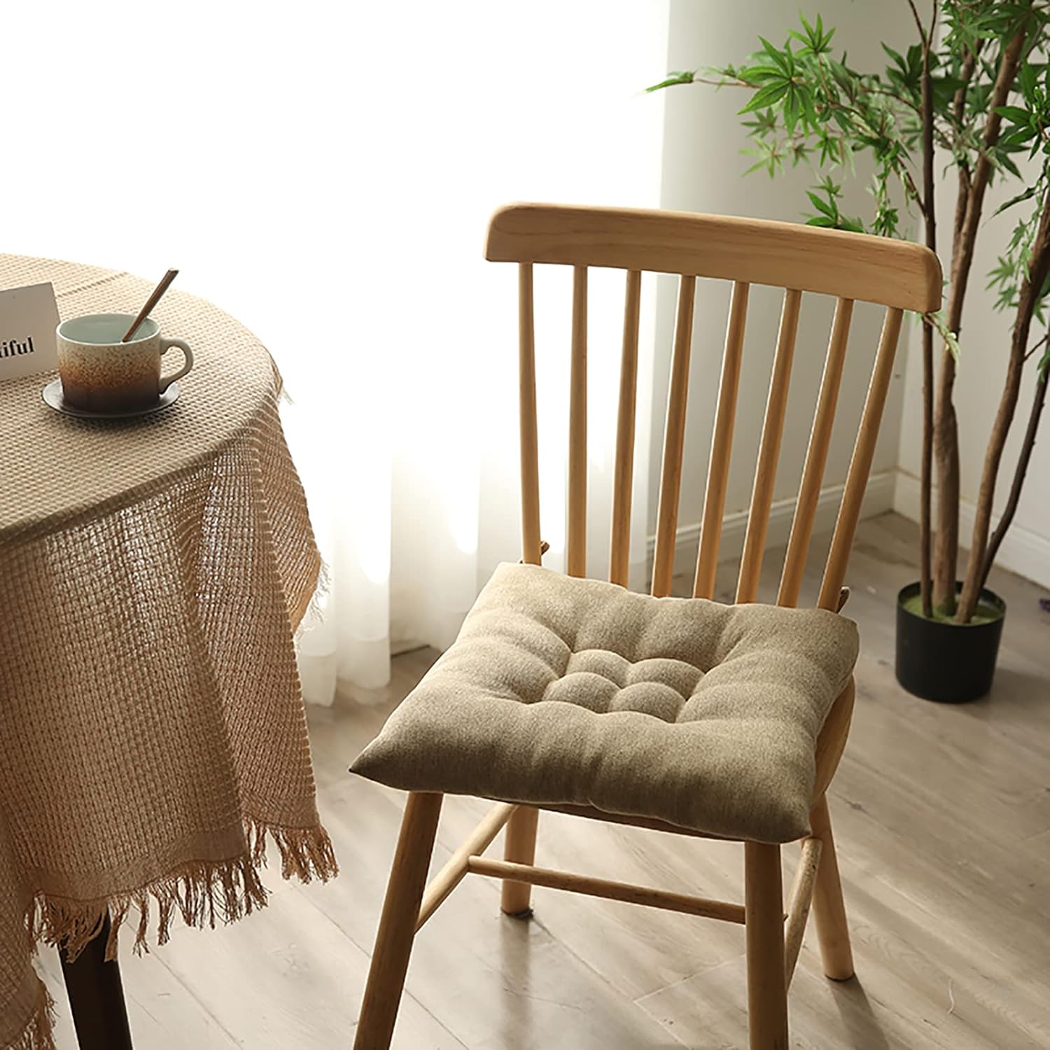 SINGID Not-slip Chair Cushion With Ties  Natural Linen-And 45x45  cm