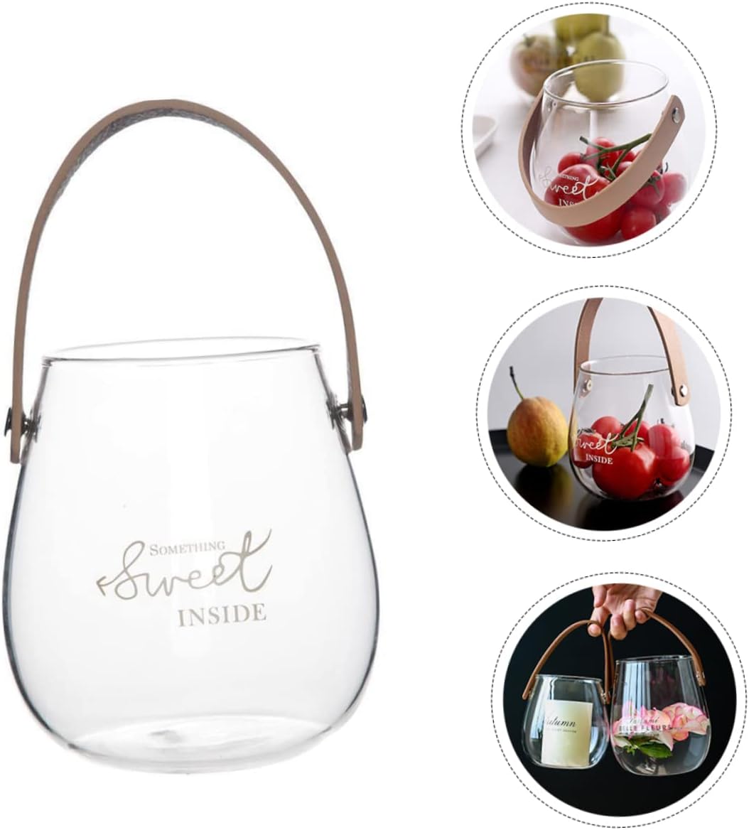 Jar Shape Glass Vase with Leather Handle Farmhouse Flower Vase for Home Decor