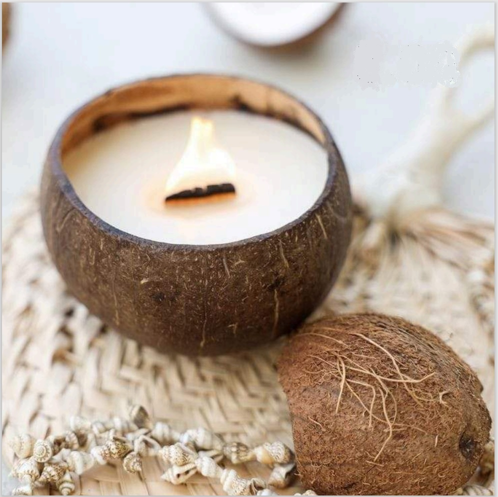 Soy candle with a distinctive coconut shell wrapper
