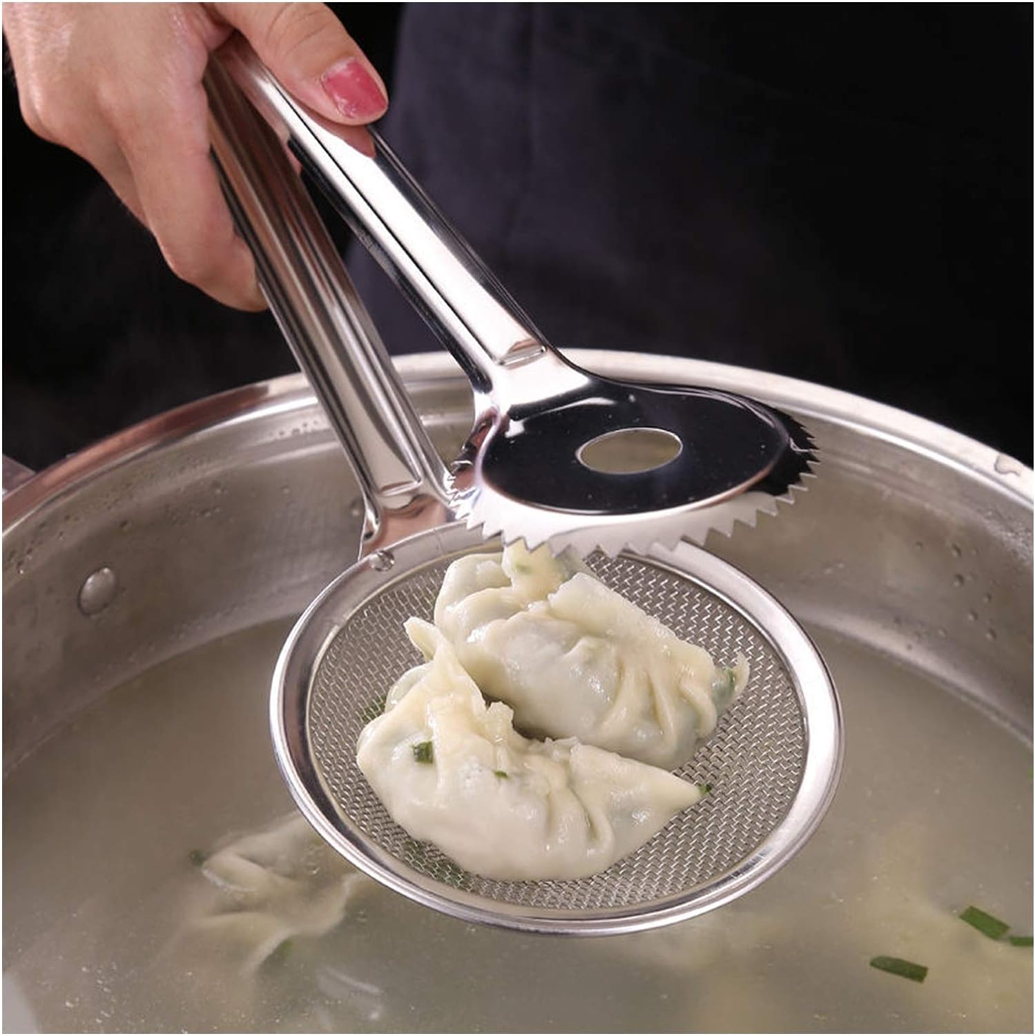 2-in-1 stainless steel frying spoon with mesh strainer design
