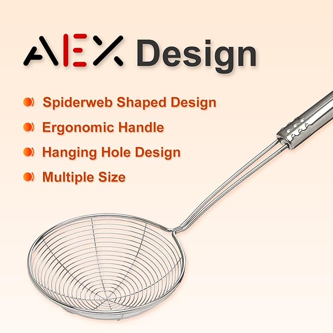 Stainless Steel Strainer Ladle, Ergonomic Handle Skimmer Spoon, Spider Mesh Filter with Handle for Kitchen