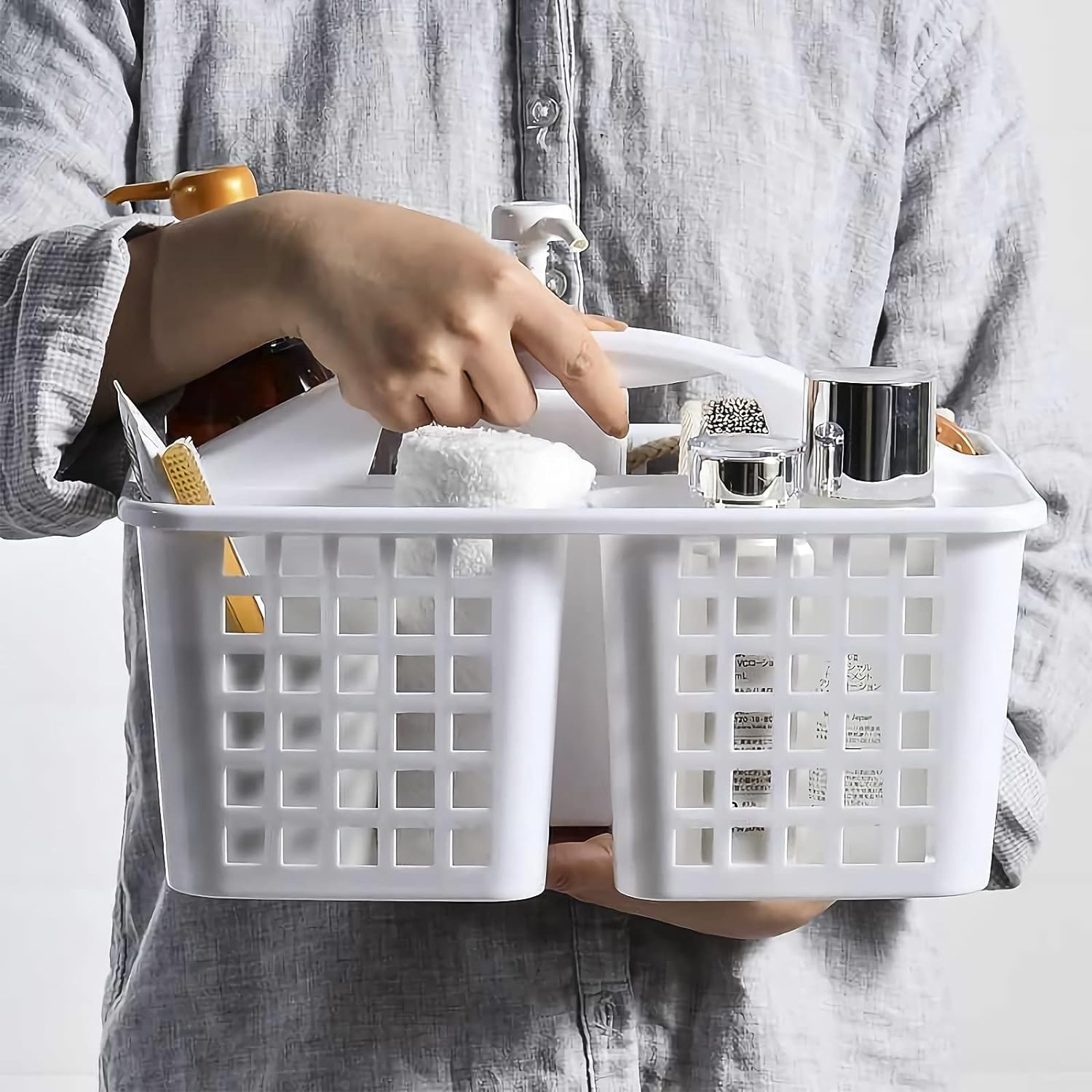 Plastic Storage Shower Caddy Basket with Handle for Garden, Cleaning Supplies, White