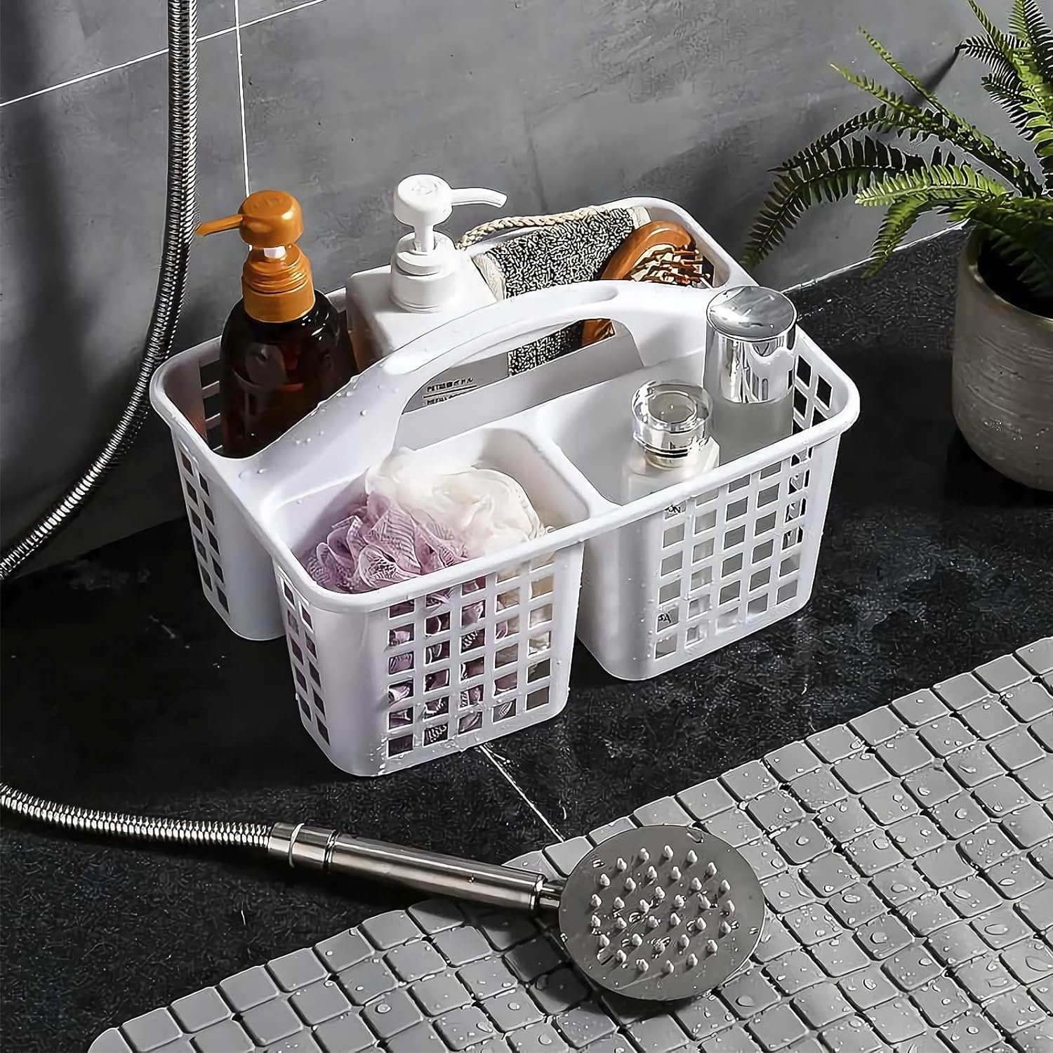 Plastic Storage Shower Caddy Basket with Handle for Garden, Cleaning Supplies, White