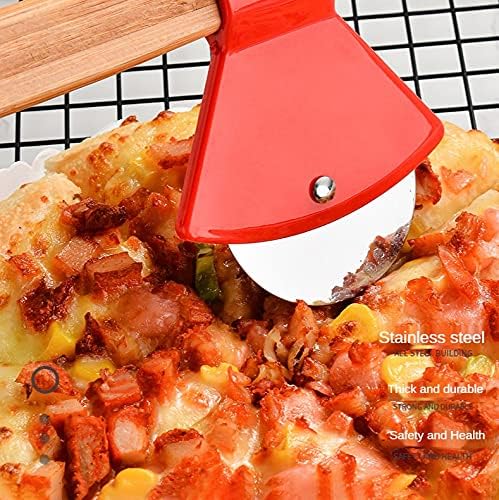 Ax-shaped stainless steel pizza cutting wheel with bamboo handles and sharp rotating blades