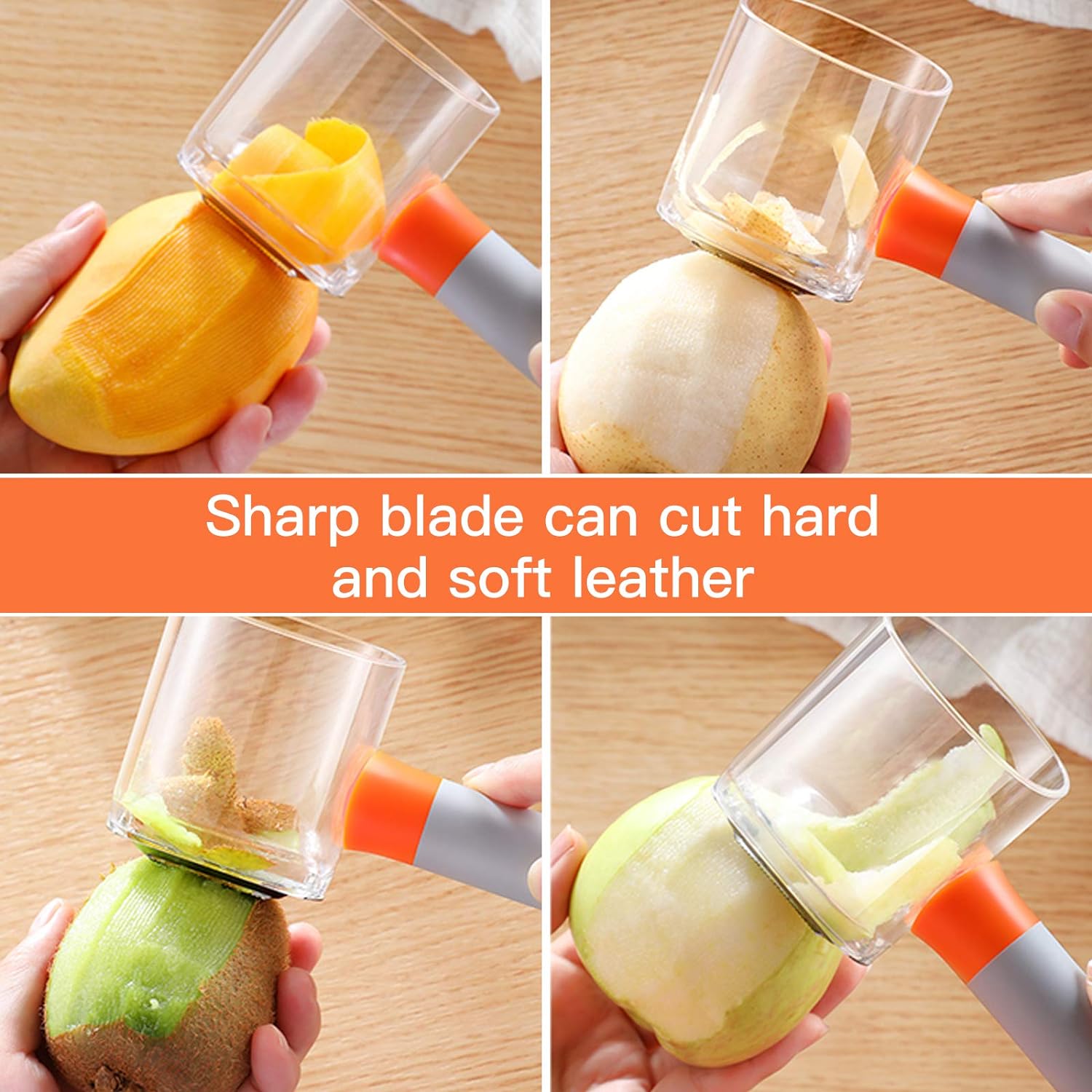 Vegetable and fruit peeler with long handle and equipped with a storage tank for peels