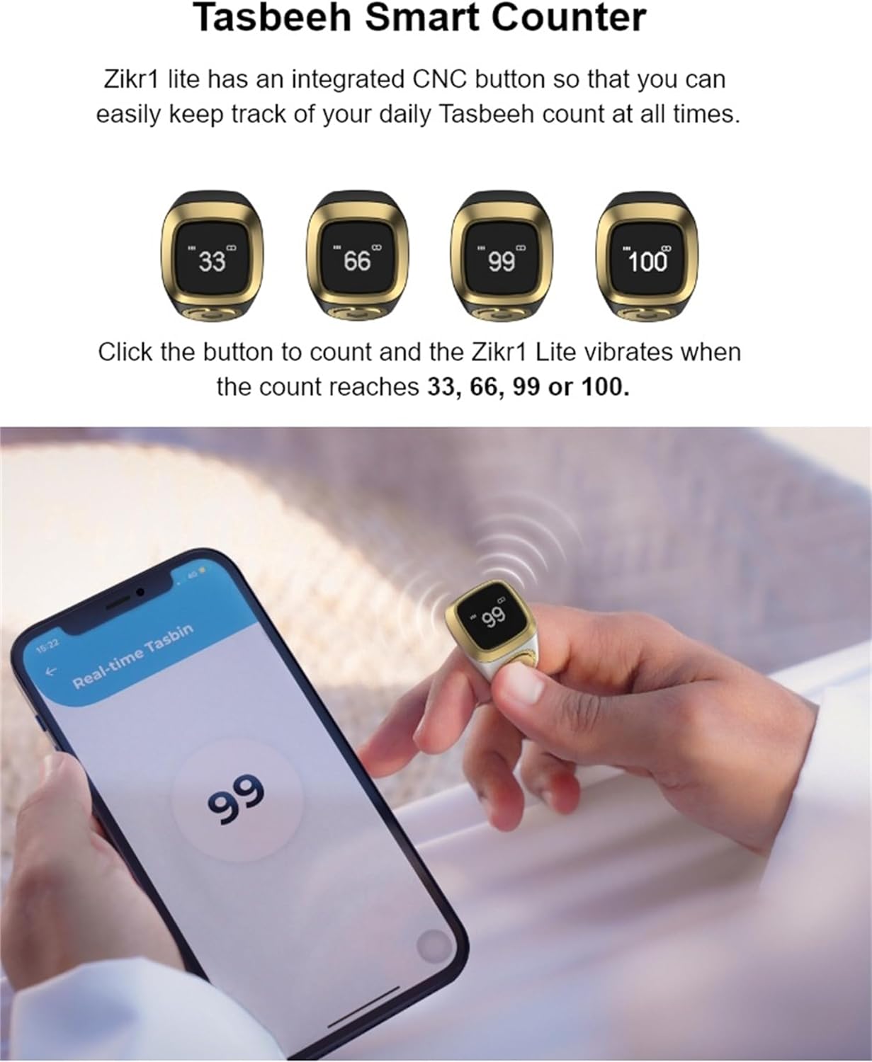 ZIKR Smart Digital Tasbih Ring Counter with Prayer Alarm & Mobile App