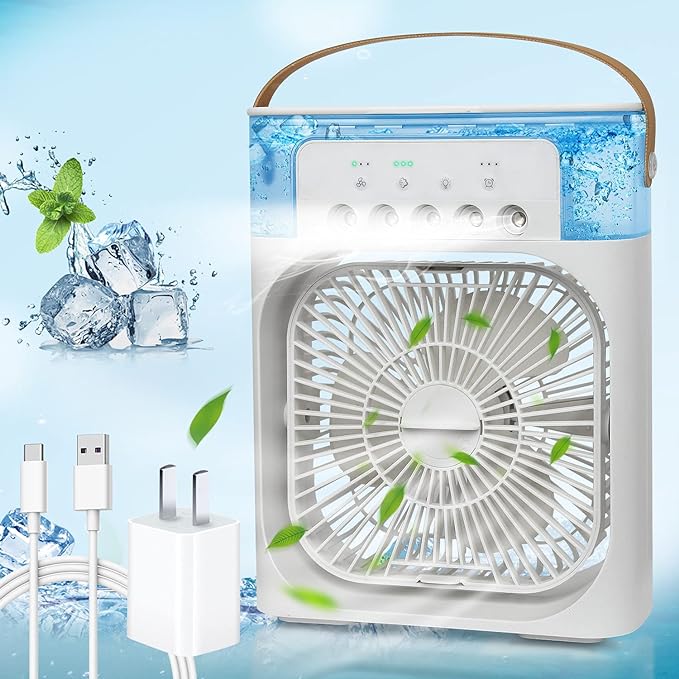 Mini Portable Evaporative Air Conditioner Fan with LED Light Colors and Timer, 3 Wind Speeds