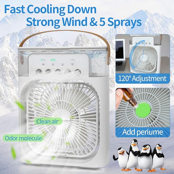 Mini Portable Evaporative Air Conditioner Fan with LED Light Colors and Timer, 3 Wind Speeds