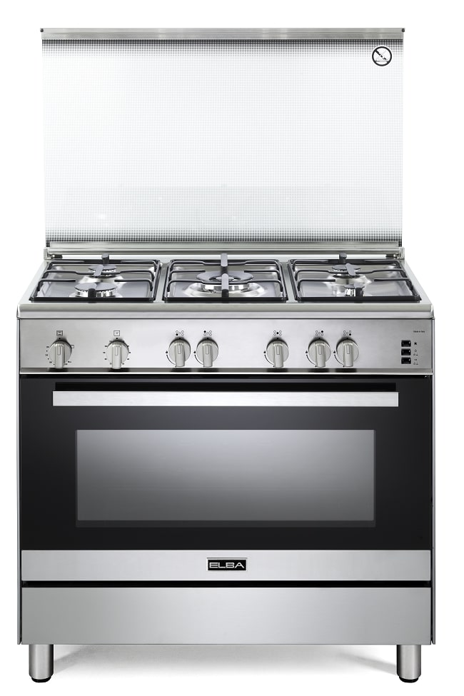 Elba Gas Cooker 90 cm Stainless Steel Cast iron pan supports 5 gas burners Full Safety with Fan