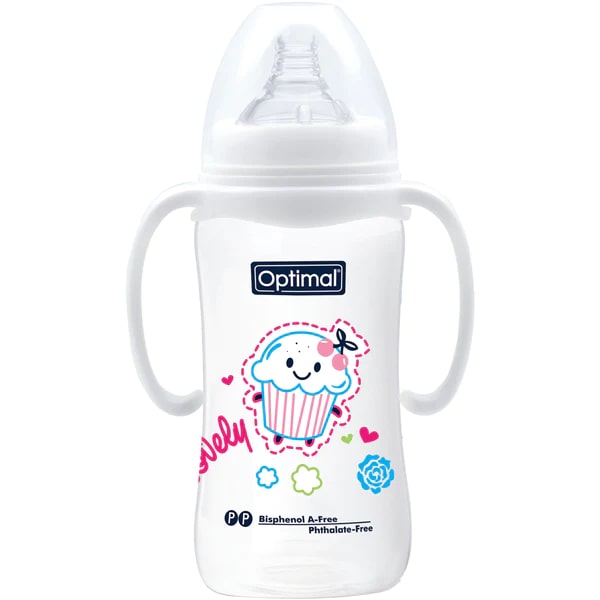 Optimal Wide Neck Baby Bottle With Handle, White Color, 300 ML