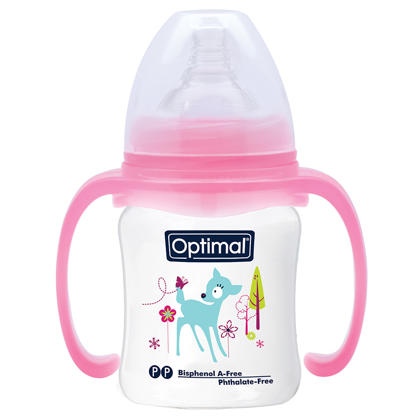 Optimal Wide Neck Baby Bottle With Handle, Pink Color, 180 Ml