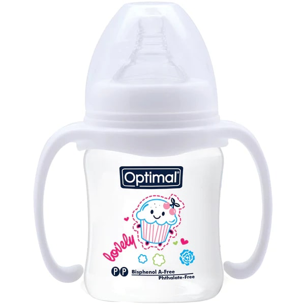 Optimal Wide Neck Baby Bottle With Handle, White Color, 180 Ml