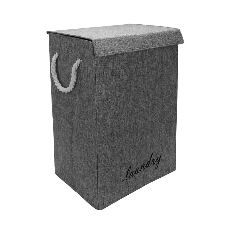 Foldable Waterproof Cotton and Linen Laundry Basket with Lid and Rope Handles