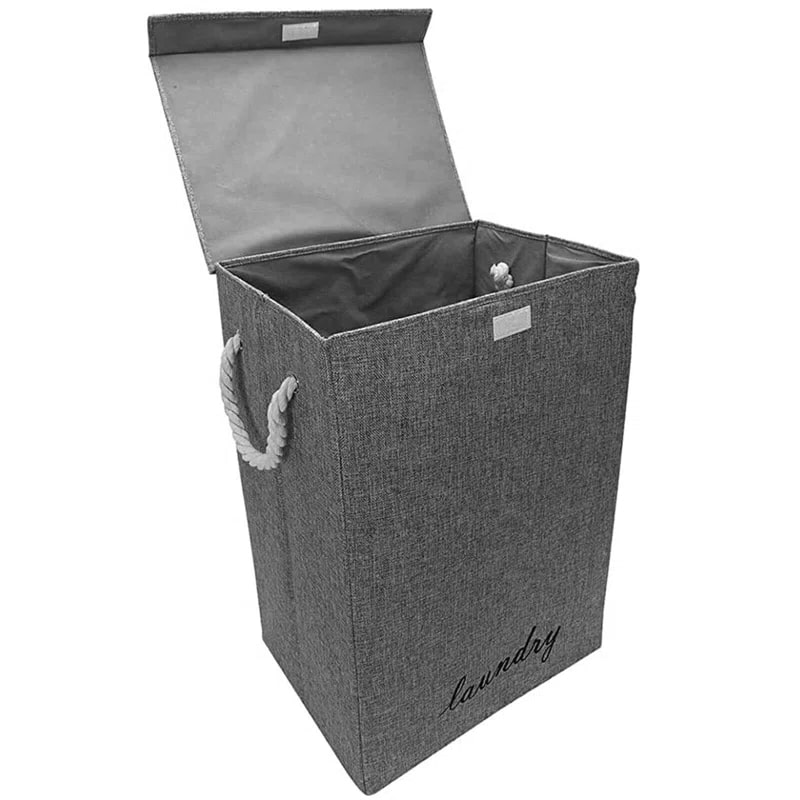 Foldable Waterproof Cotton and Linen Laundry Basket with Lid and Rope Handles