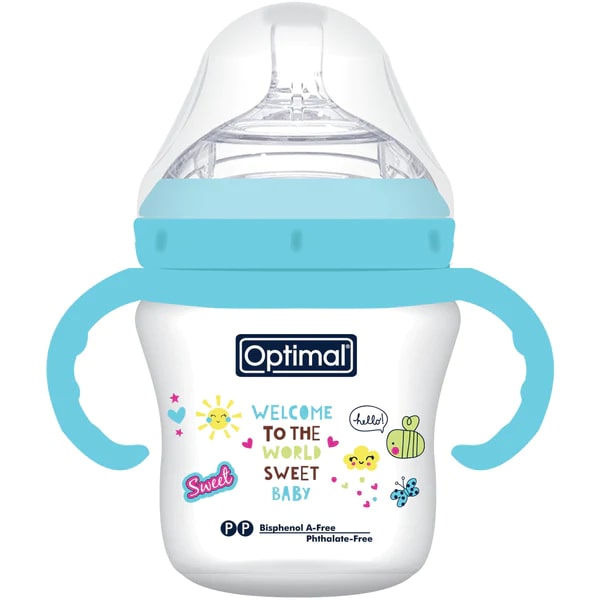 Optimal Extra Wide Neck Feeding Bottle With Handle Blue, 210 Ml