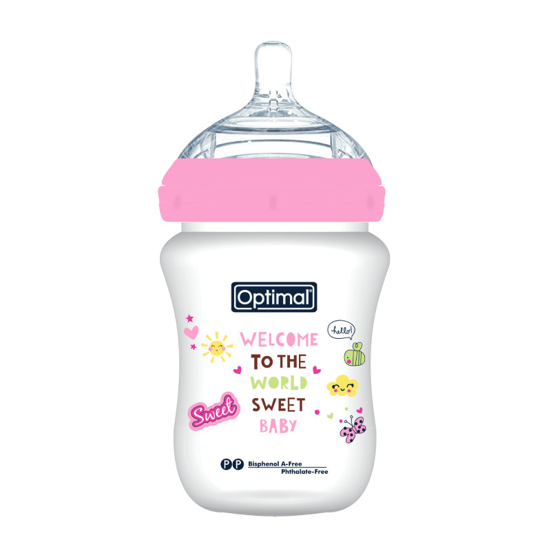Optimal Extra Wide Neck Feeding Bottles, Double Anti, 300ml, 0+, Pink Color, 1 Pieces