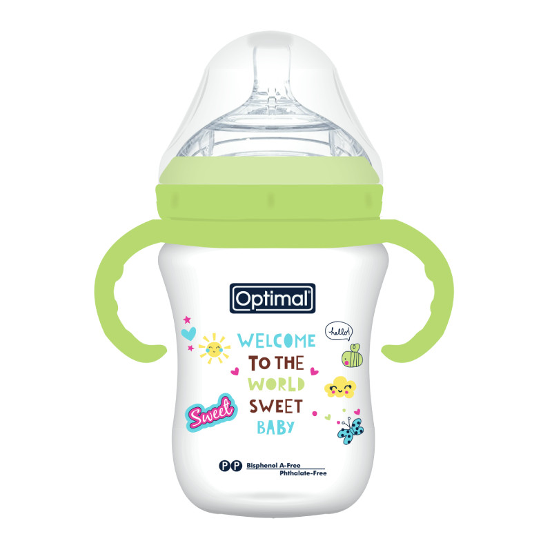 Optimal Extra Wide Neck Feeding Bottles, Double Anti, 300ml, +6, Green Color, 1 Pieces