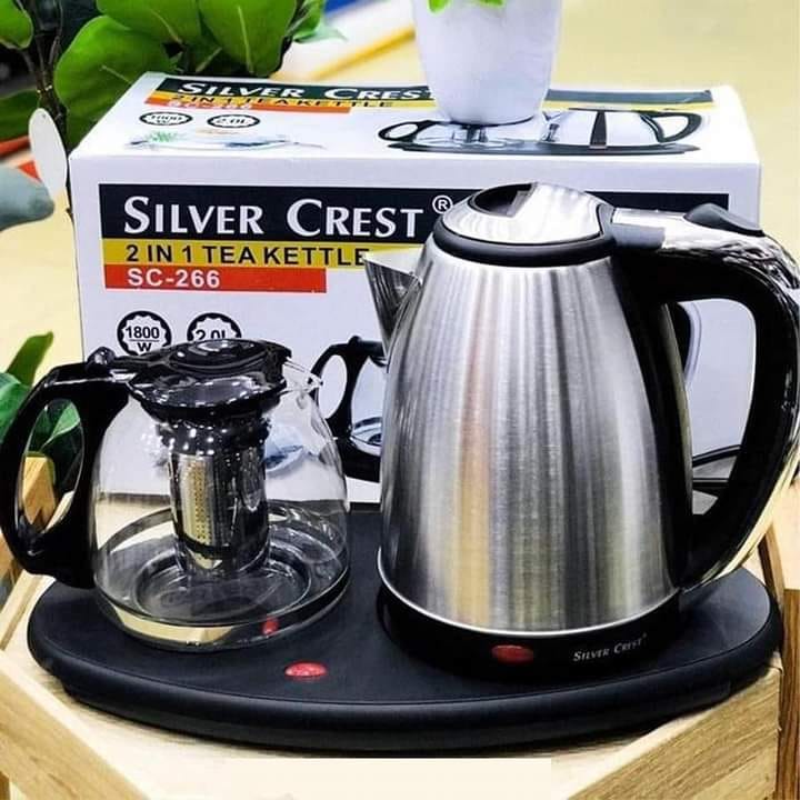 silver crest 2 in 1 stainless steel water kettle with 2L capacity and glass bowl