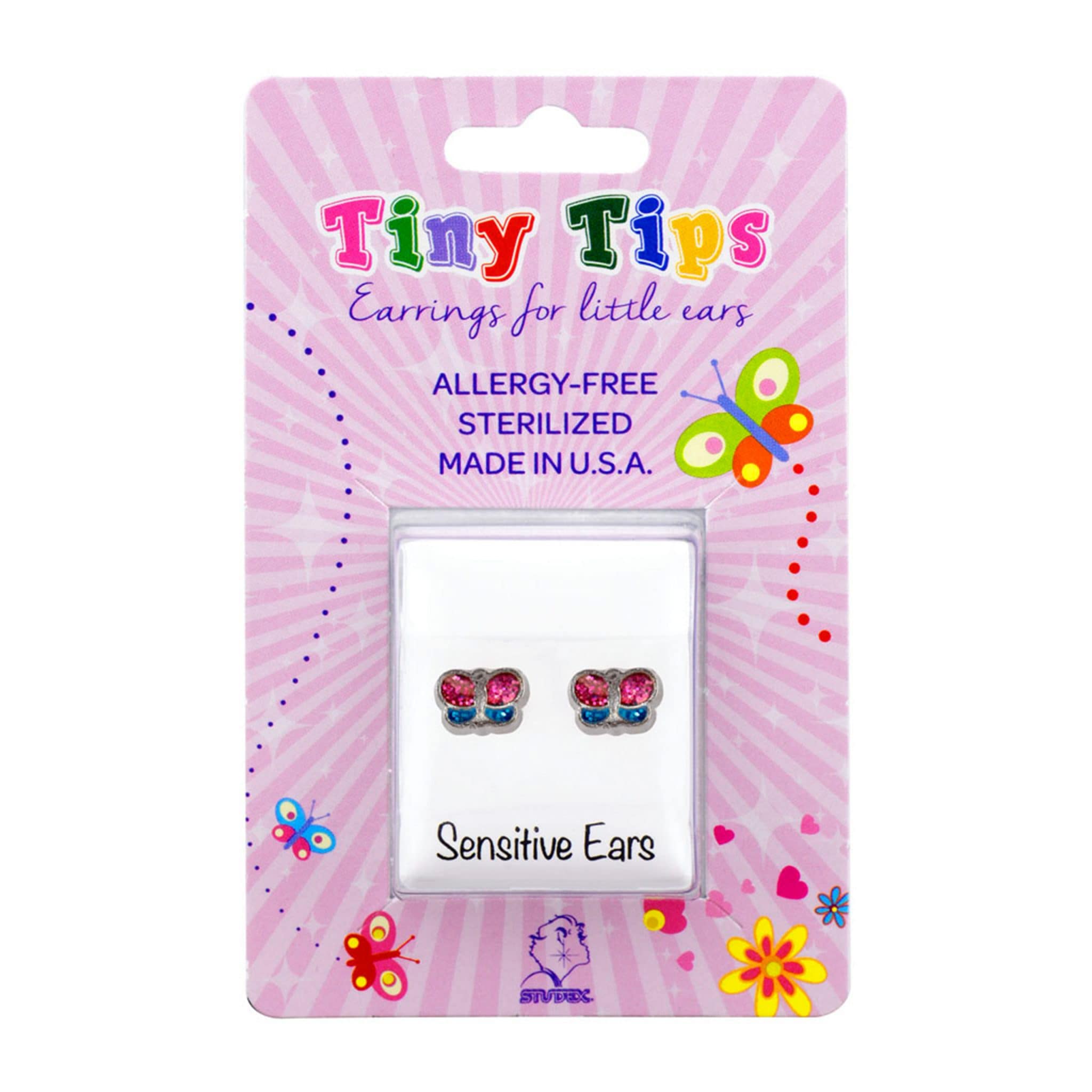 Studex Tiny Tips Pink Green Glitter Butterfly Stud Earrings