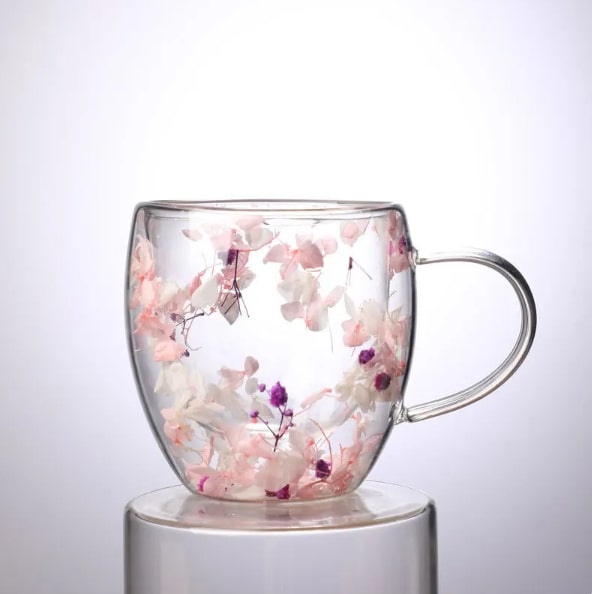 Double Layer Glass Cup Decorated with Flowers with Handle