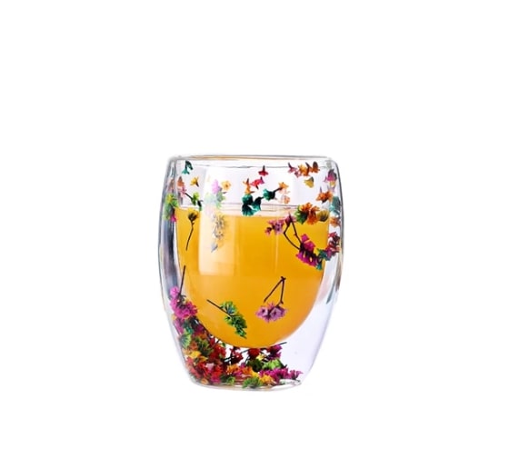 Double Layer Glass Cup Decorated with Dried Roses with Handle