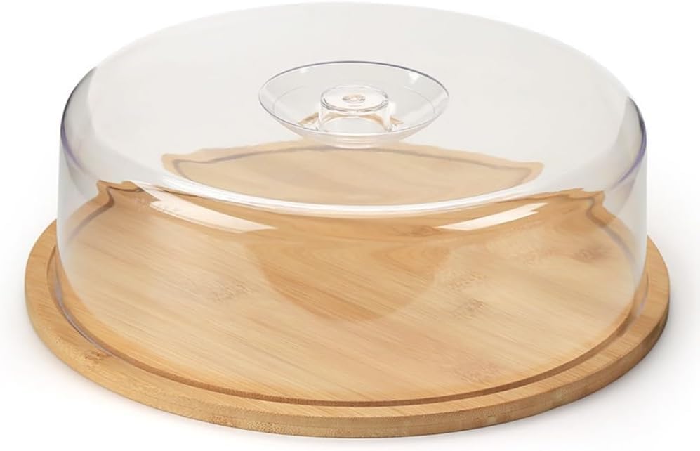 A wooden Bowl with an Acrylic Lid for Storing Cakes and Sweets
