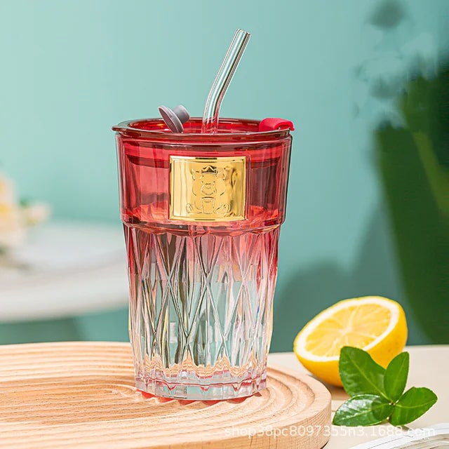 Portable Glass Bear Cup with Straw - Red