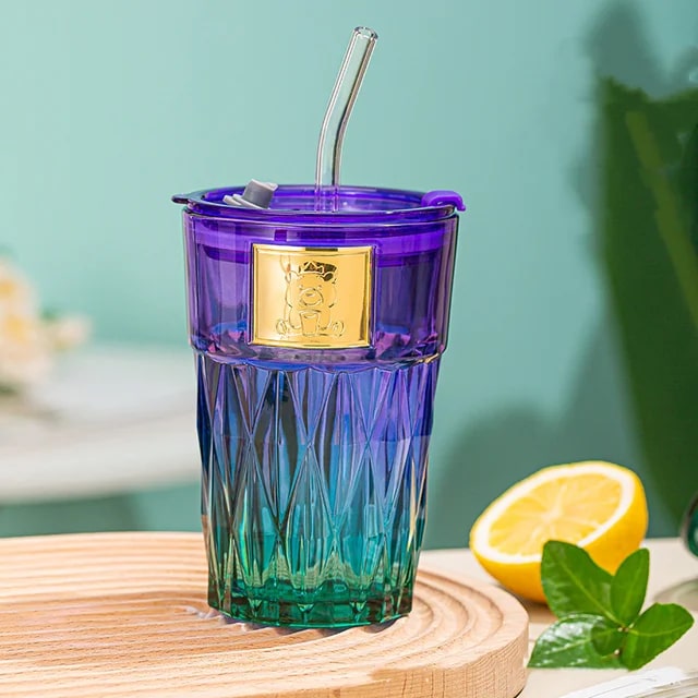 Portable Glass Bear Cup with Straw - Purple