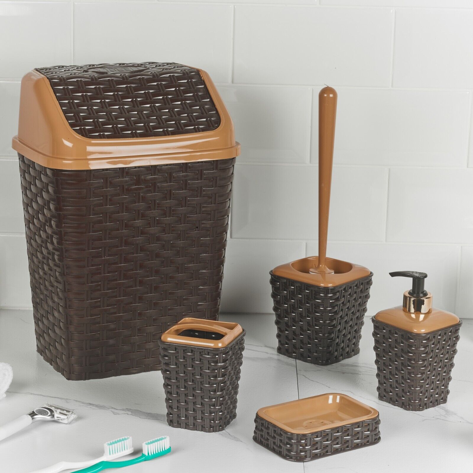 5 Pc Rattan Bathroom Bin Toilet Bowl Brush Toothbrush Soap Dispenser Holder Set