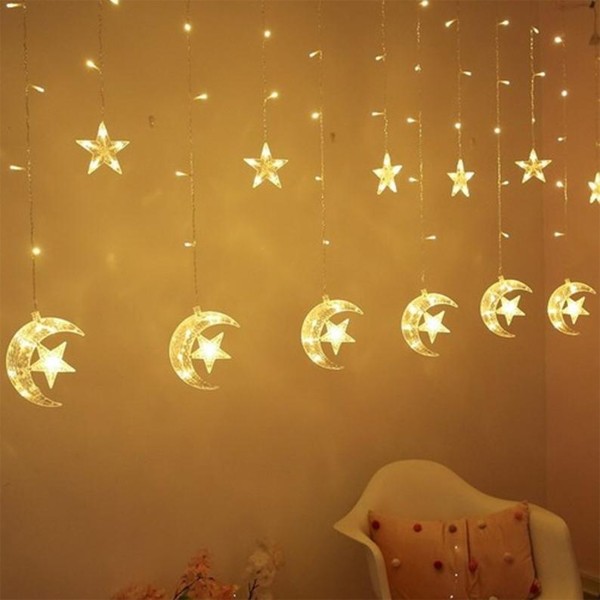 Golden Decorative Lights Curtain in The Shape of a Crescent and Stars - 3M