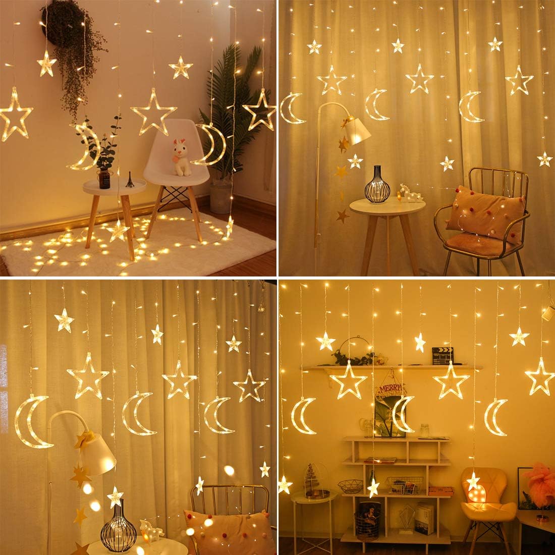 Golden Decorative Lights Curtain in The Shape of a Crescent and Stars - 3M
