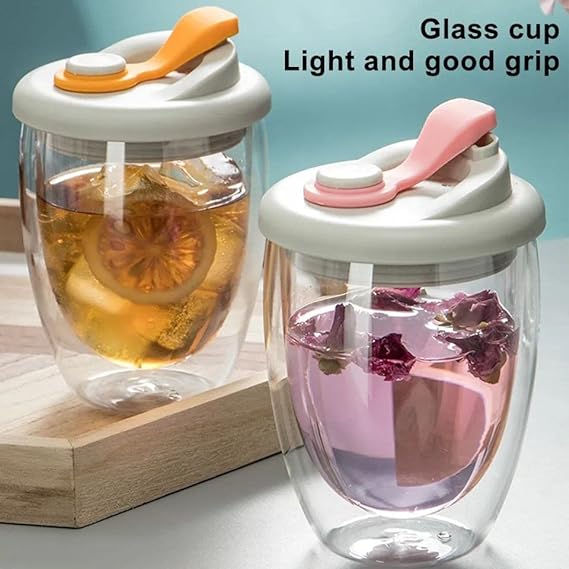Double Glass Leak Proof Airtight Mug With Silicone Lid For Hot And Cold Drinks 350 ml