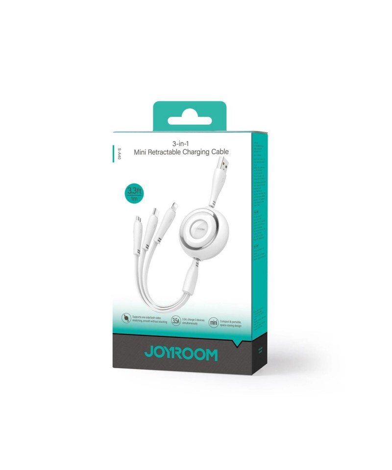 Joyroom Colorful Series 3in1 Retractable Cable USB-A To USB-C / Lightning / Micro USB 1m - White