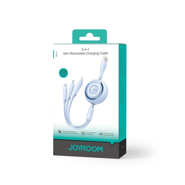 Joyroom Colorful Series 3in1 Retractable Cable USB-A To USB-C / Lightning / Micro USB 1m - Blue
