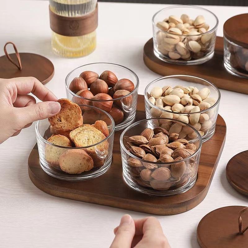 Set Nut Dish With Lids And Wooden Tray, Dried Fruit Dish