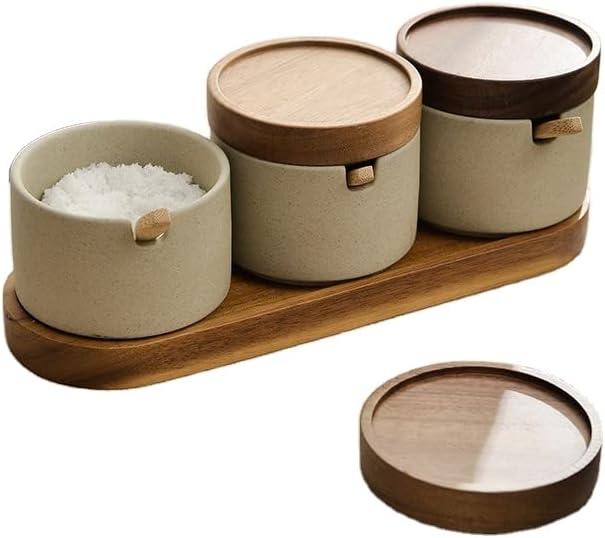 3 Piece Ceramic Spice Jars with Wooden Lids, Spoons and Tray for Kitchen