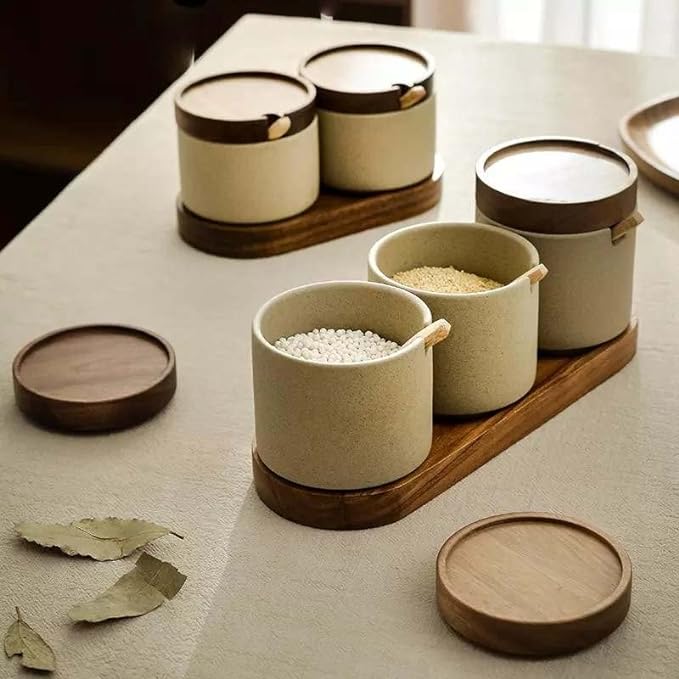 3 Piece Ceramic Spice Jars with Wooden Lids, Spoons and Tray for Kitchen