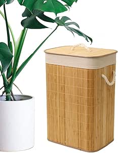 Bamboo Laundry Hamper with Lid & Removable Liner & Rope Handles Clothes Storage