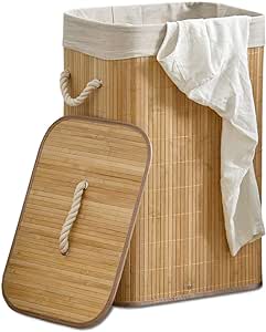 Bamboo Laundry Hamper with Lid & Removable Liner & Rope Handles Clothes Storage