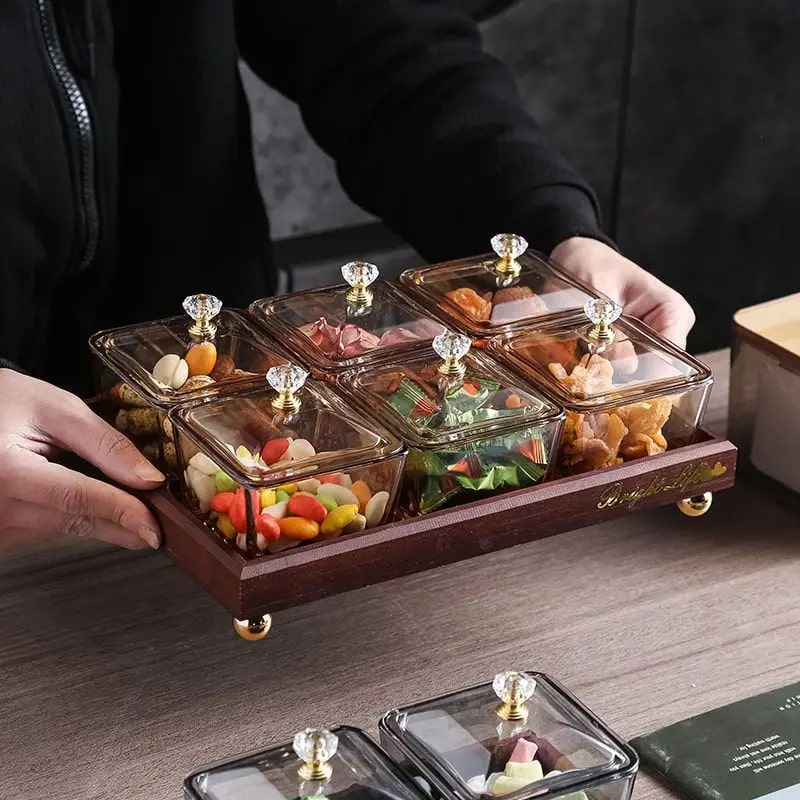 Tray Glass Confectionery Tray With 6-Compartment Plastic Lid