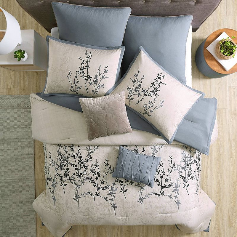 8pc Queen Embroidered Hexton Comforter Set - Blue/Taupe