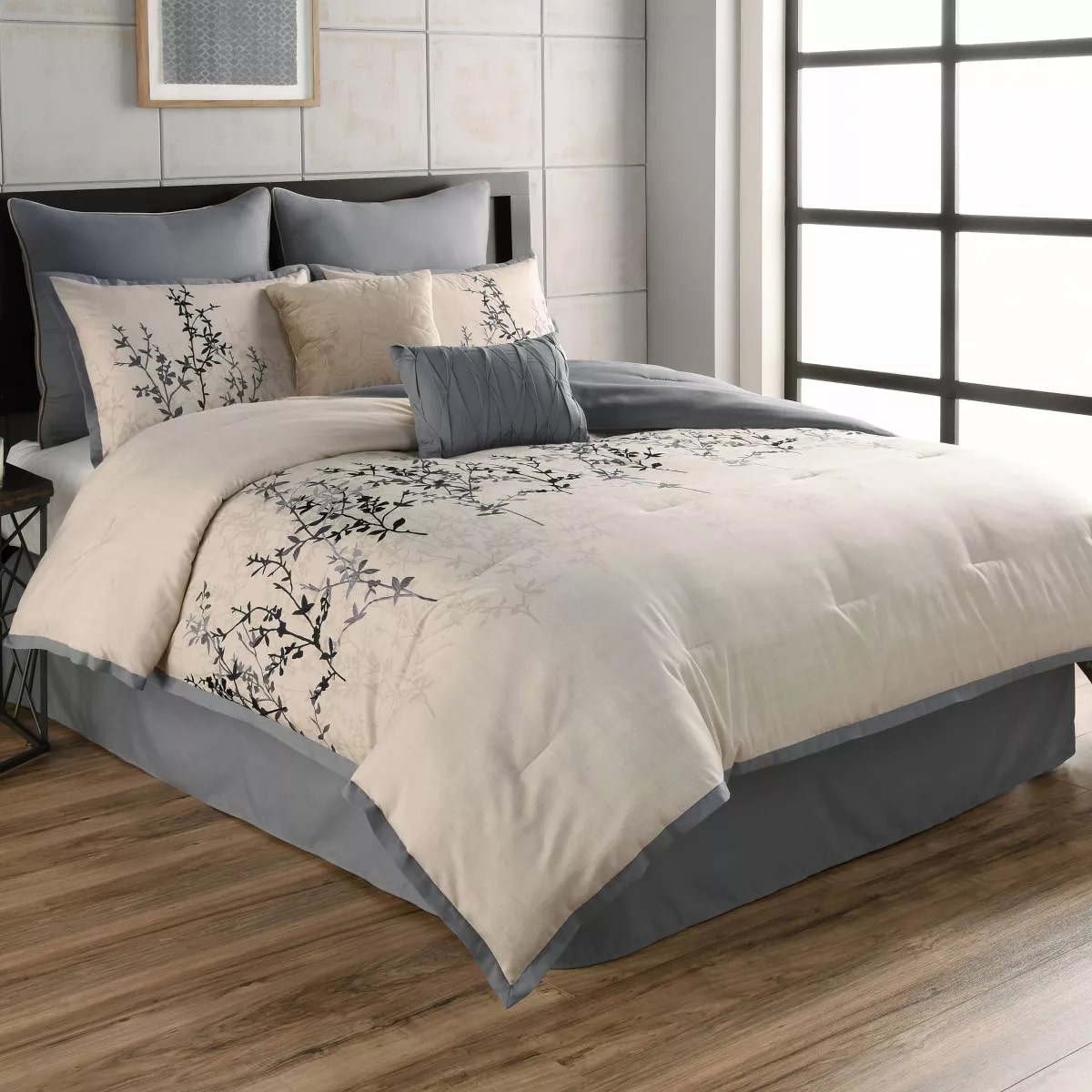 8pc Queen Embroidered Hexton Comforter Set - Blue/Taupe