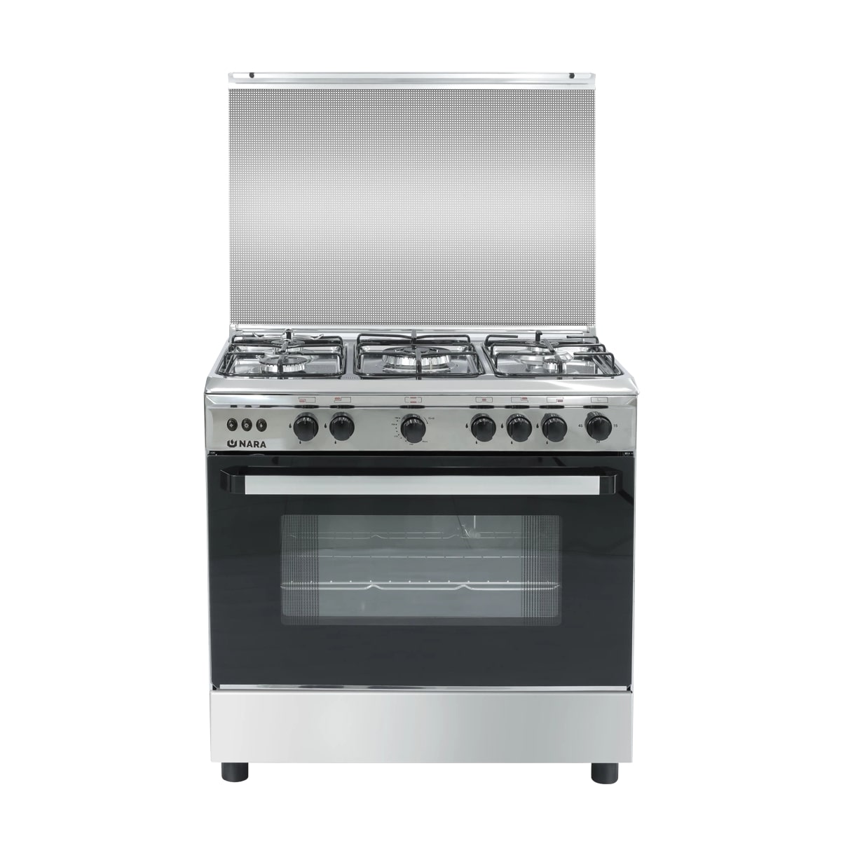 Nara Gas Cooker, 80 cm, Full Safety System, Double Glass, Glack Glossy Stainless Steel